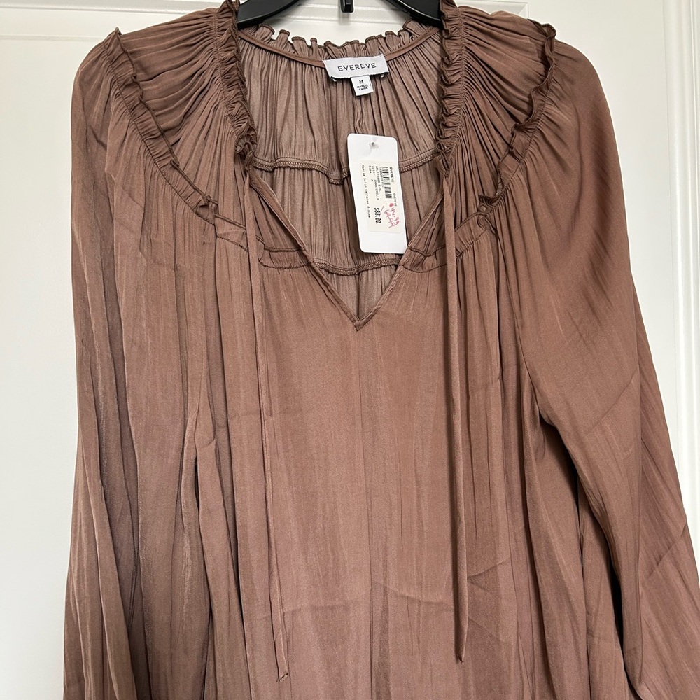 Evereve Kamila Satin Gathered Peasant Blouse Brown Color “Chanterelle” M